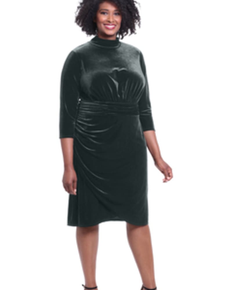 Front of a model wearing a size 14W Serene Ruched Velvet Dress in GREEN by London Times. | dia_product_style_image_id:254868